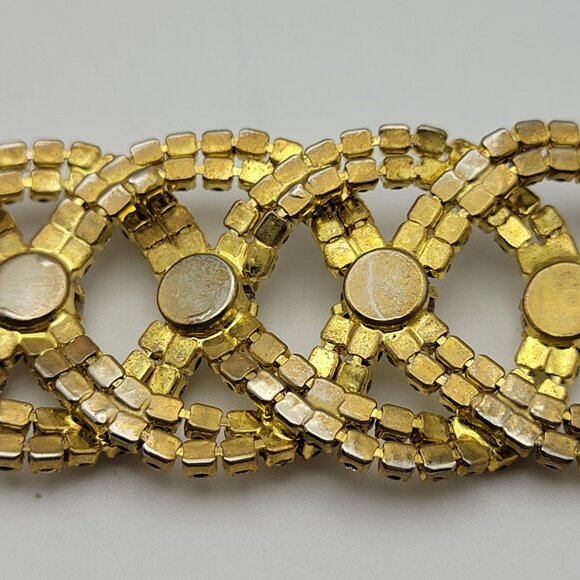 Vintage Gold Tone Clear Crystal Statement Chain Bracelet 7" Fold Over Clasp - Picture 10 of 15